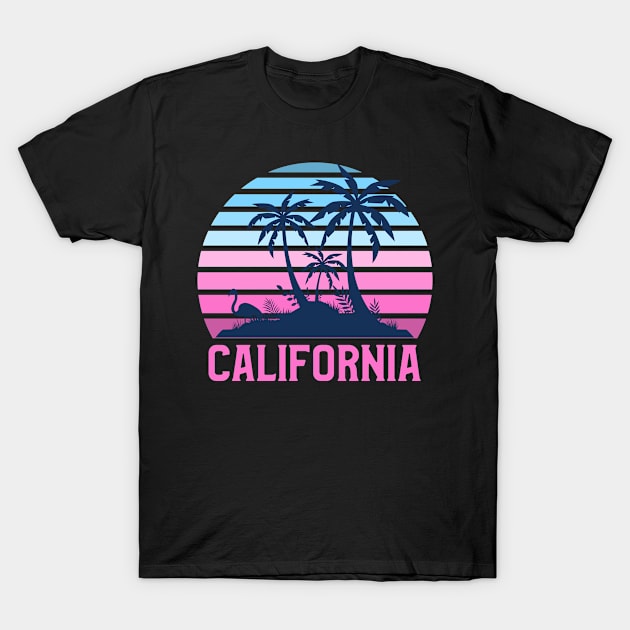 California Sunset, Orange and Blue Sun, Gift for sunset lovers T-shirt, Palm Trees Pink and Blue T-Shirt by AbsurdStore